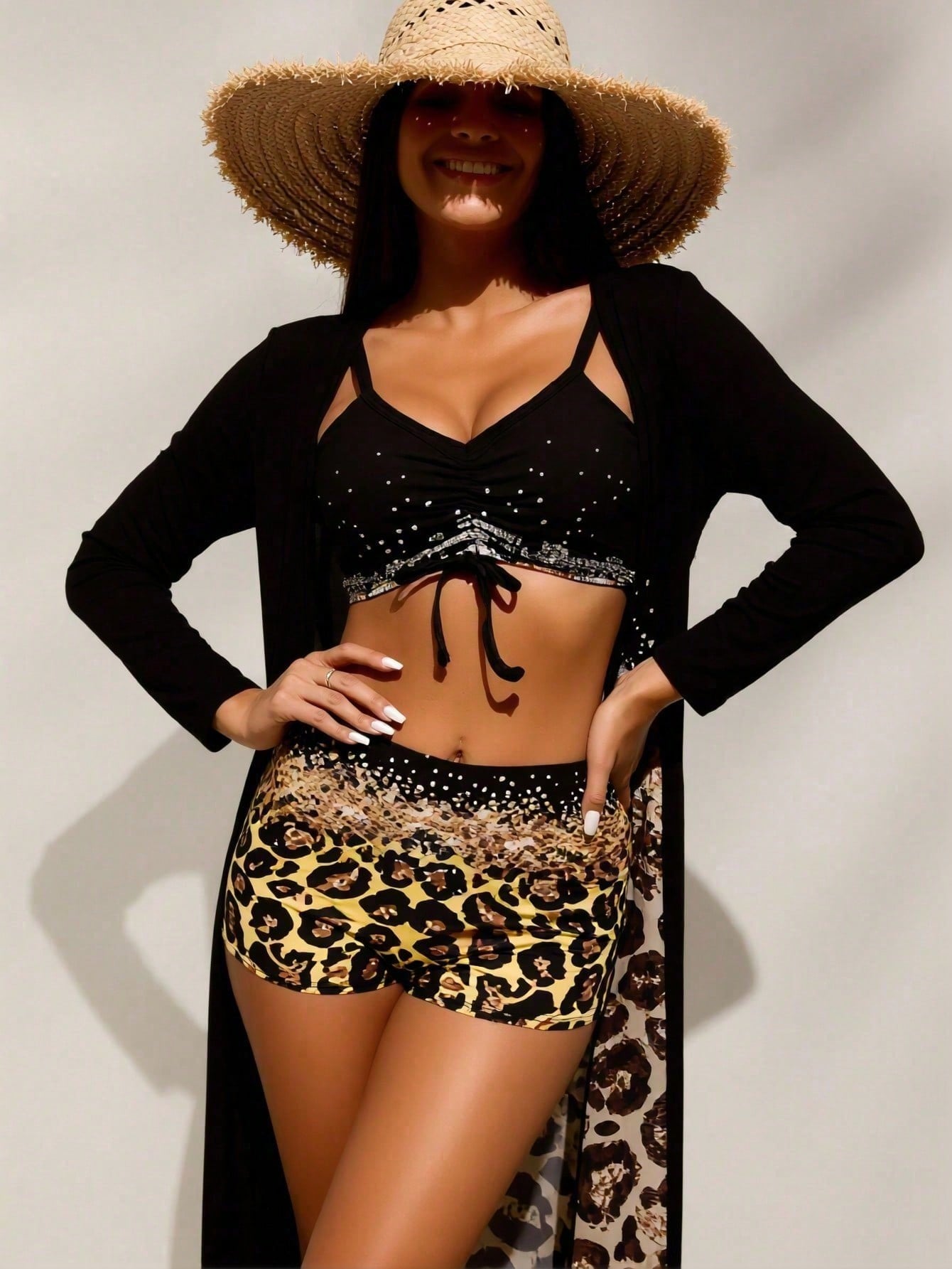 Shorts - Haut de bikini noir à strass