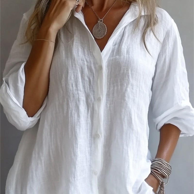 Mens Linen Shirt Long Sleeve - Couleur unie lin Sexy col en