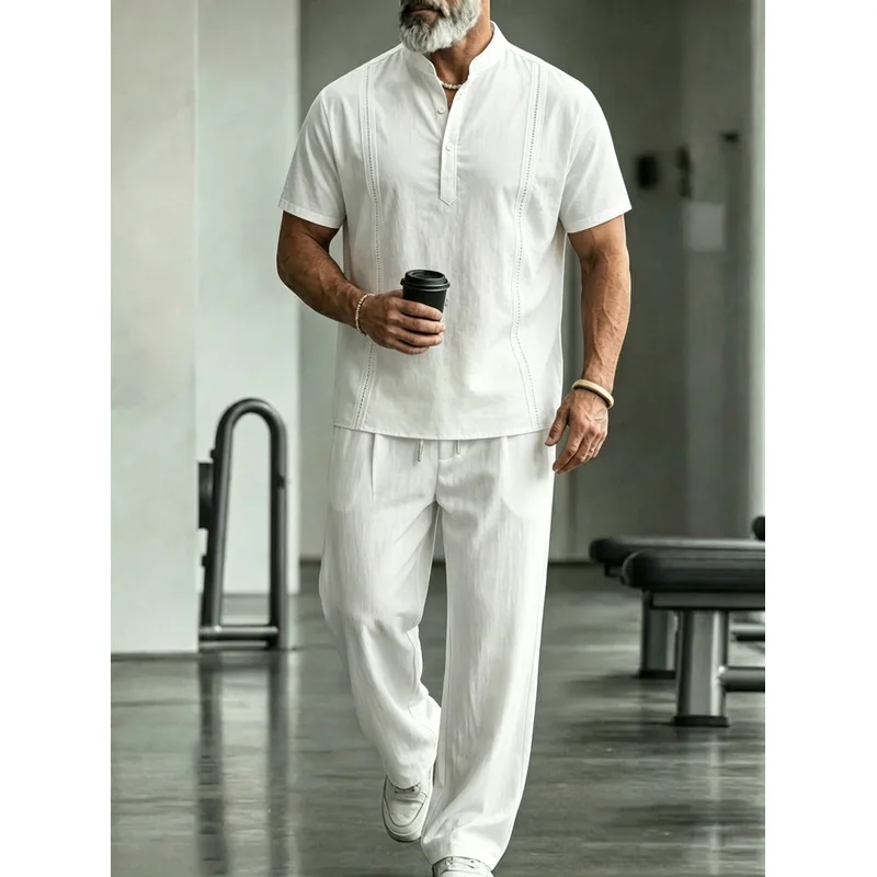 Mens Linen Shirt Long Sleeve - Ensemble décontracté 2 pièces en lin