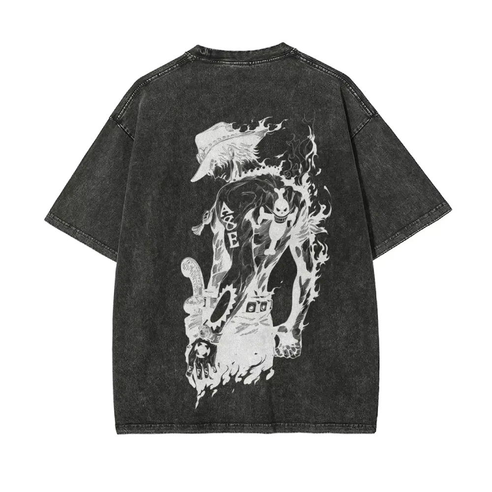 Acid Wash Vintage Graphic T Shirt - T-shirt Ace pour homme, One Piece,