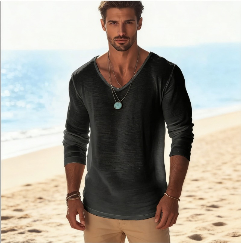 Mens Linen Shirt Long Sleeve - T-shirt décontracté à col en V