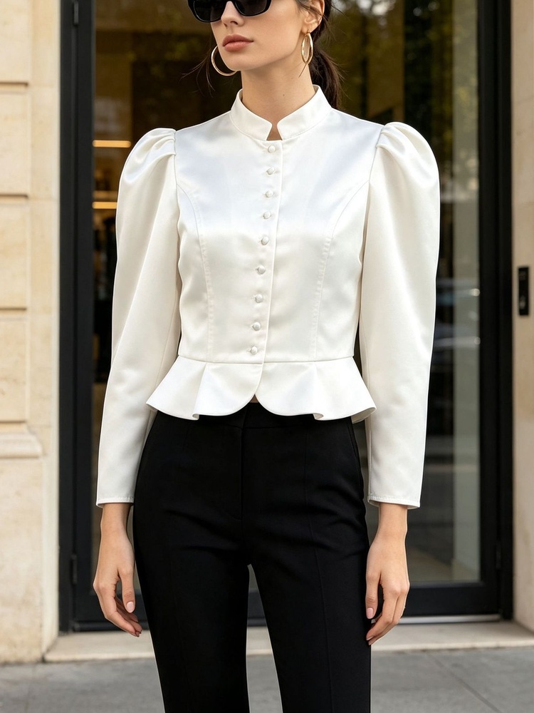 Mandarin Collar Formal Shirt Slim Fit - Chemisier à volants, manches longues, épaules