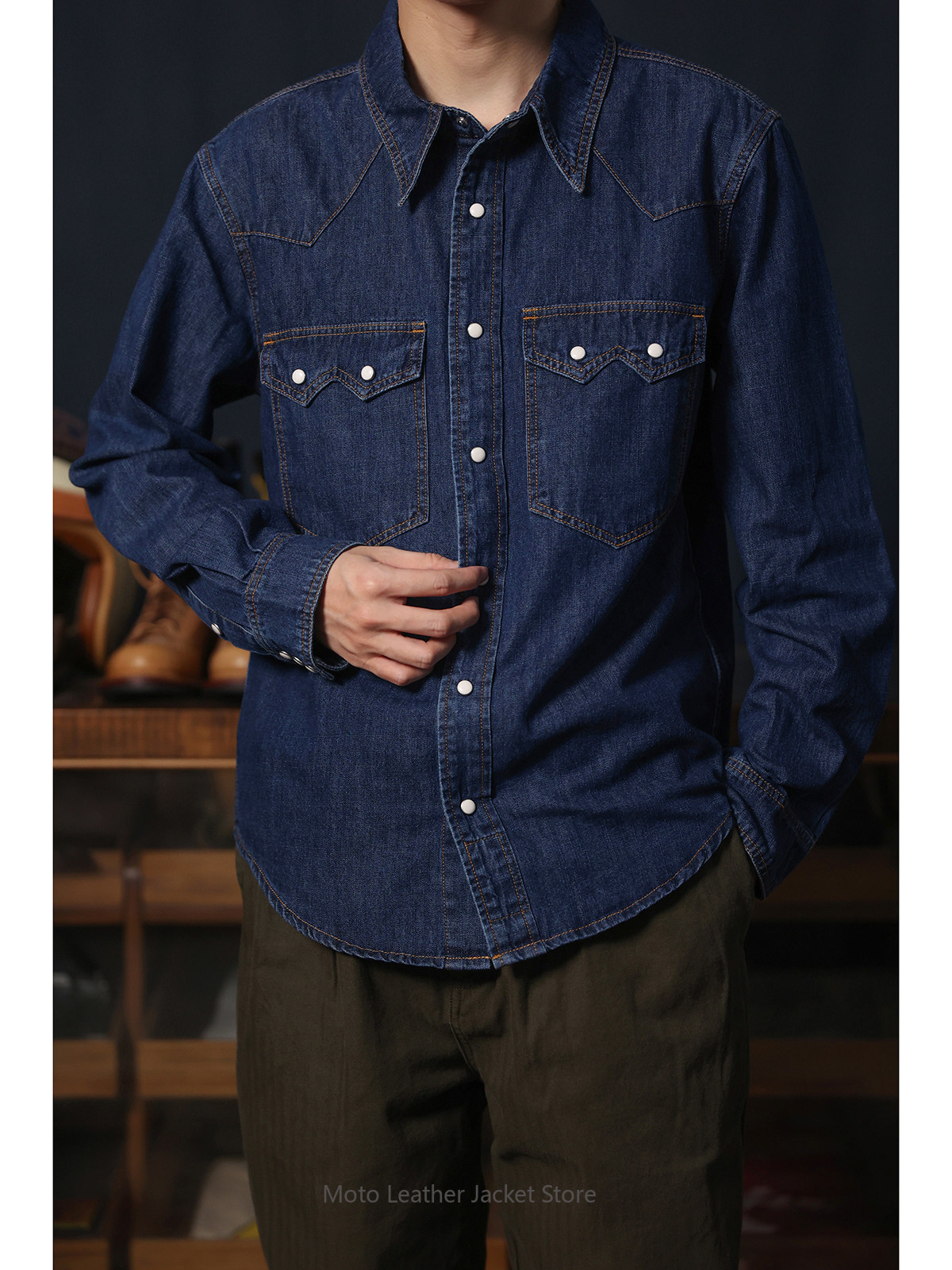 Mens Western Denim Pearl Snap Shirt - Chemise en jean western rétro américaine,