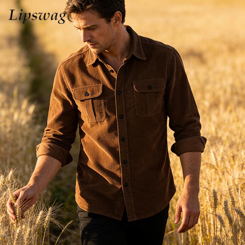Vintage couleur unie velours c - Corduroy Button Up Shirt Men avis et prix