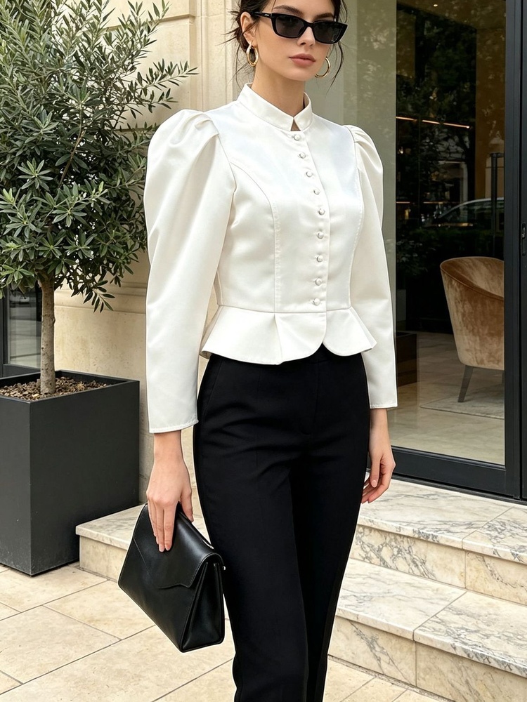 Chemisier à volants, manches l - Mandarin Collar Formal Shirt Slim Fit avis et prix