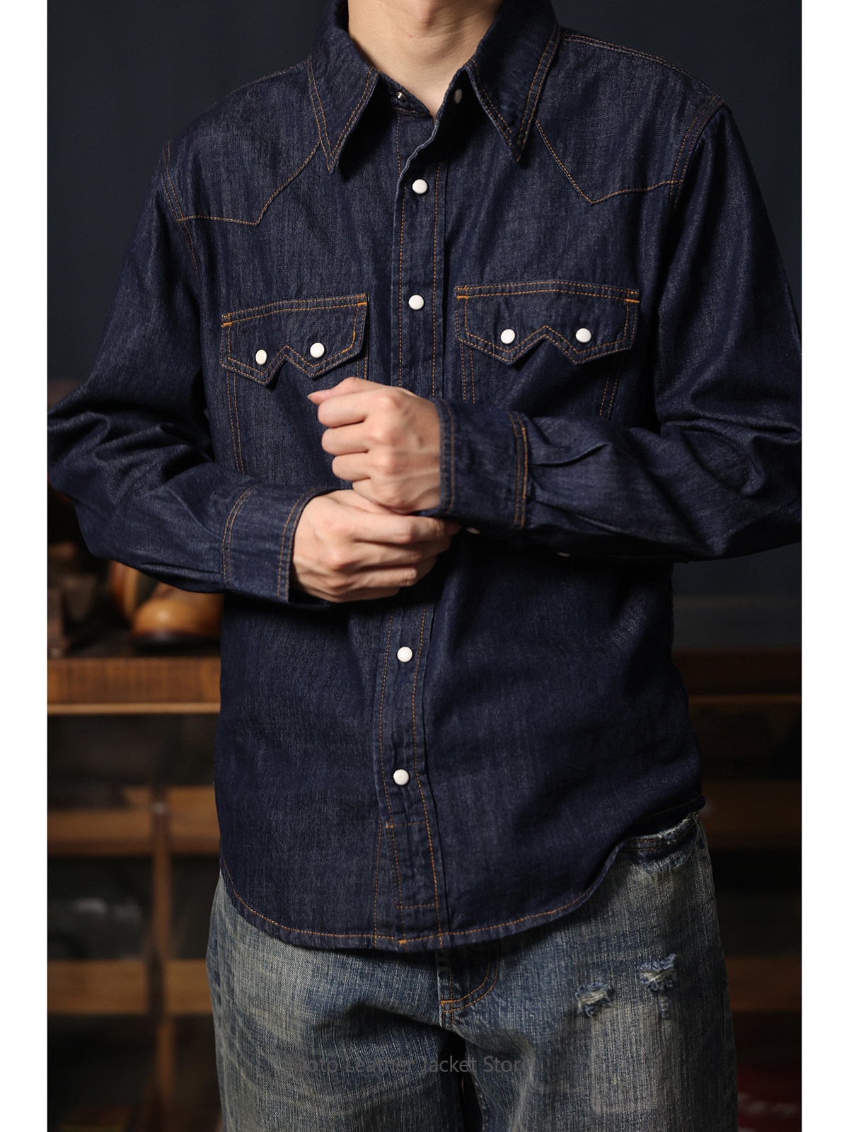 Chemise en jean western rétro  - Mens Western Denim Pearl Snap Shirt avis et prix